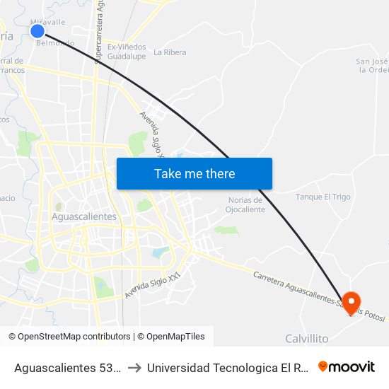 Aguascalientes 53, 803 to Universidad Tecnologica El Reto�O map