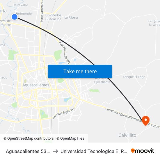 Aguascalientes 53, 337 to Universidad Tecnologica El Reto�O map