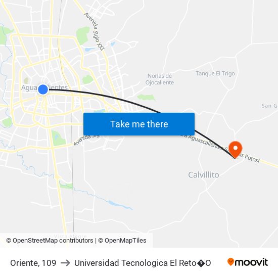 Oriente, 109 to Universidad Tecnologica El Reto�O map