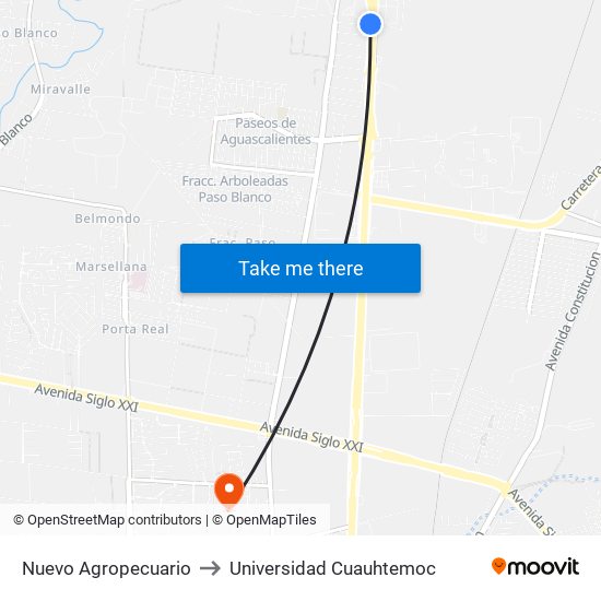 Nuevo Agropecuario to Universidad Cuauhtemoc map