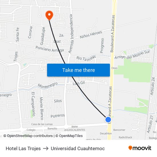 Hotel Las Trojes to Universidad Cuauhtemoc map