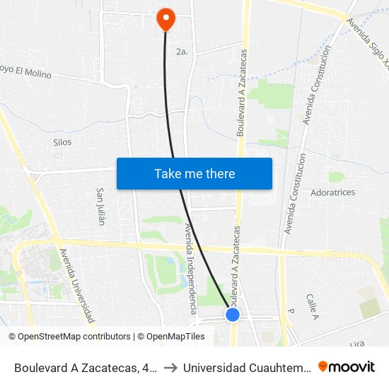 Boulevard A Zacatecas, 402 to Universidad Cuauhtemoc map