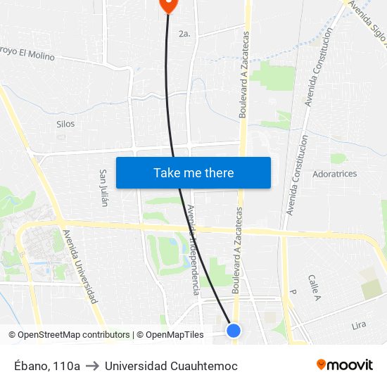 Ébano, 110a to Universidad Cuauhtemoc map