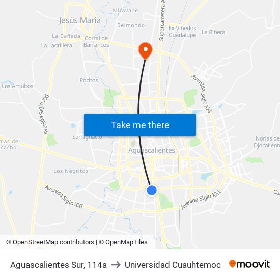 Aguascalientes Sur, 114a to Universidad Cuauhtemoc map