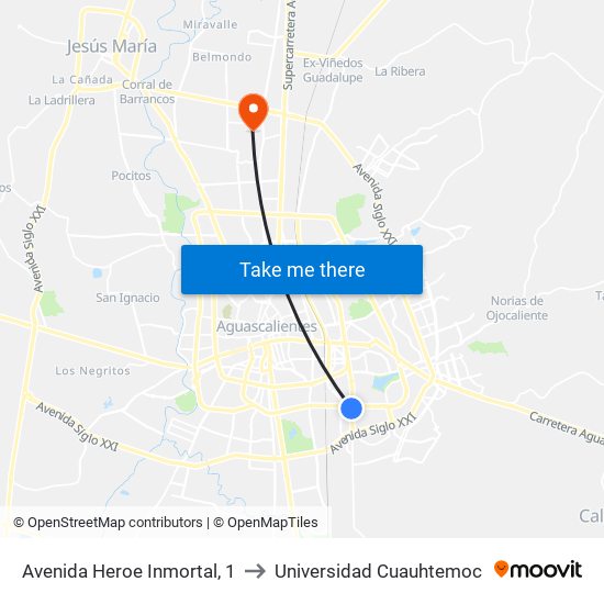 Avenida Heroe Inmortal, 1 to Universidad Cuauhtemoc map