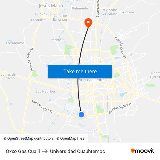 Oxxo Gas Cualli to Universidad Cuauhtemoc map