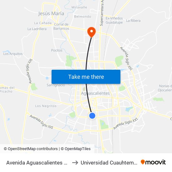 Avenida Aguascalientes Sur to Universidad Cuauhtemoc map