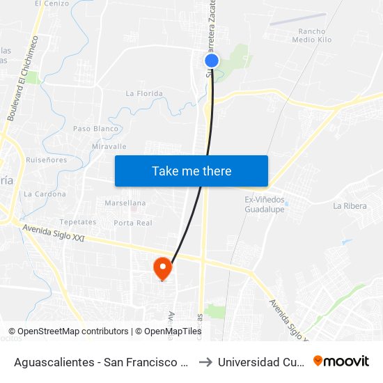 Aguascalientes - San Francisco De Los Romo, 953 to Universidad Cuauhtemoc map