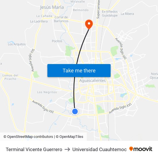 Terminal Vicente Guerrero to Universidad Cuauhtemoc map