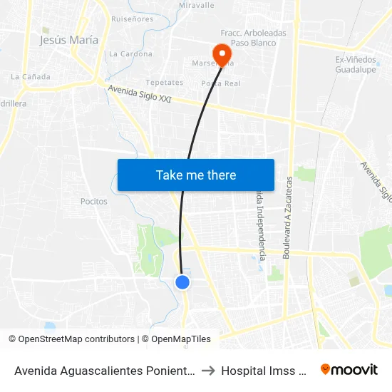 Avenida Aguascalientes Poniente, 139 to Hospital Imss No. 3 map