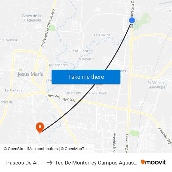 Paseos De Argenta to Tec De Monterrey Campus Aguascalientes map