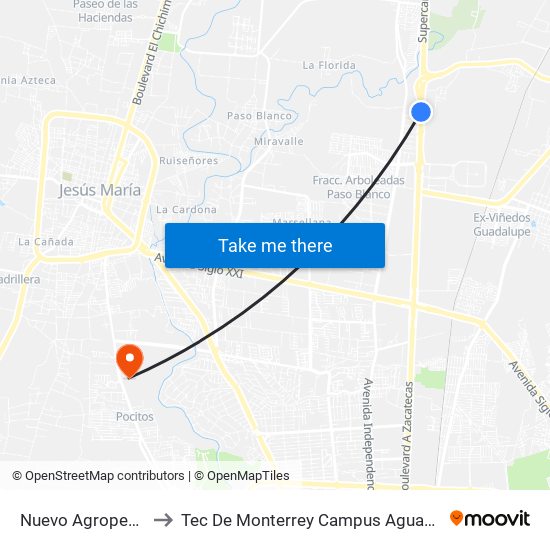 Nuevo Agropecuario to Tec De Monterrey Campus Aguascalientes map