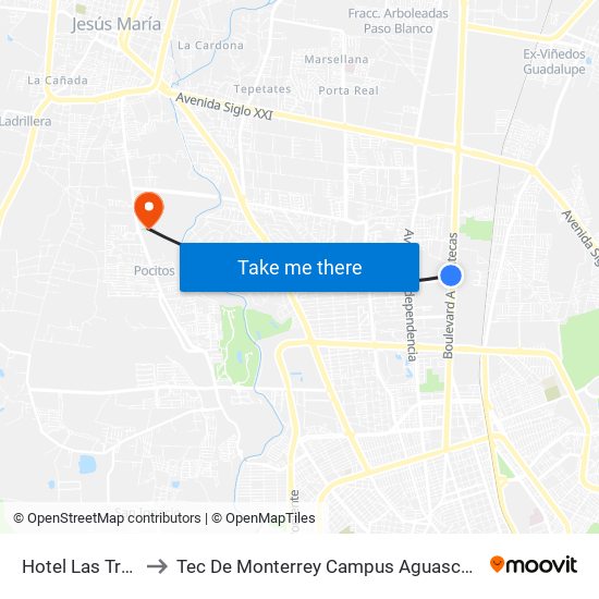 Hotel Las Trojes to Tec De Monterrey Campus Aguascalientes map