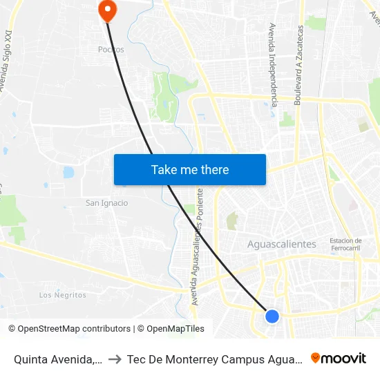 Quinta Avenida, 602a to Tec De Monterrey Campus Aguascalientes map