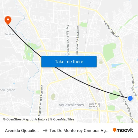 Avenida Ojocaliente, 301 to Tec De Monterrey Campus Aguascalientes map