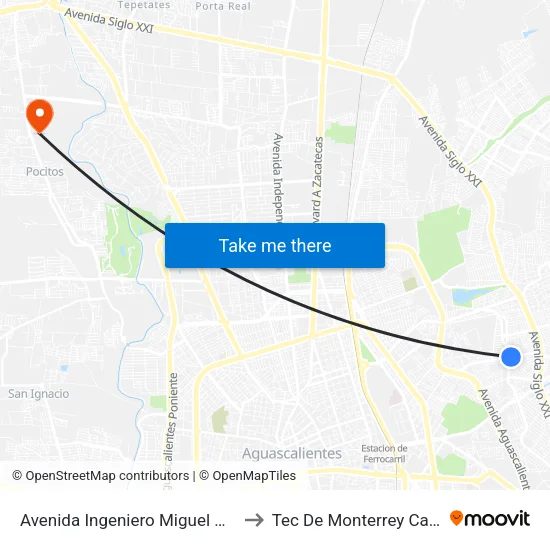 Avenida Ingeniero Miguel Angel Barberena Vega, 1110 to Tec De Monterrey Campus Aguascalientes map