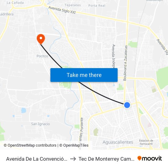 Avenida De La Convención De 1914 Norte, 308 to Tec De Monterrey Campus Aguascalientes map