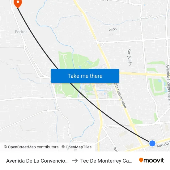 Avenida De La Convencion De 1914 Norte, 1401 to Tec De Monterrey Campus Aguascalientes map