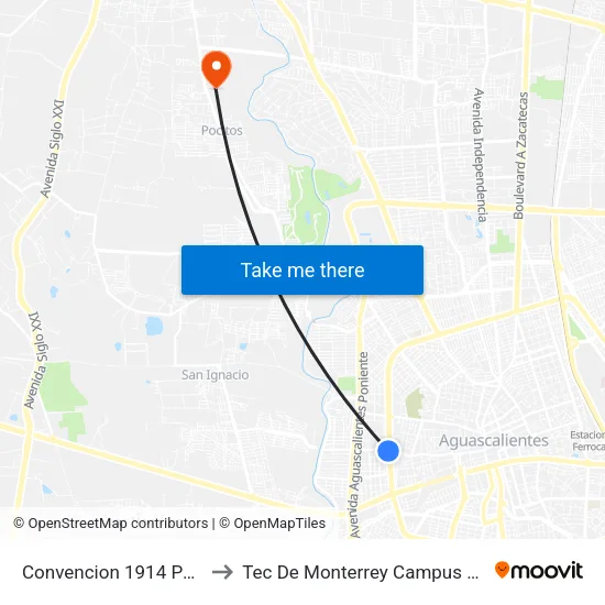 Convencion 1914 Poniente, 624 to Tec De Monterrey Campus Aguascalientes map