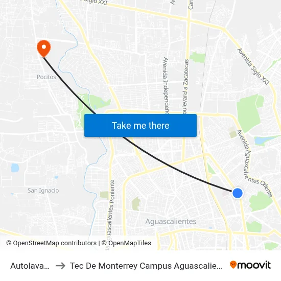 Autolavado to Tec De Monterrey Campus Aguascalientes map