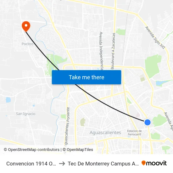 Convencion 1914 Oriente, 214 to Tec De Monterrey Campus Aguascalientes map