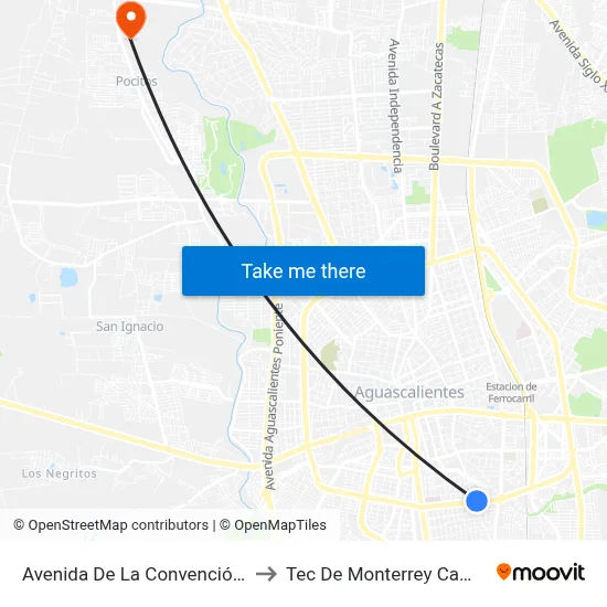 Avenida De La Convención De 1914 Sur, 1101-B to Tec De Monterrey Campus Aguascalientes map
