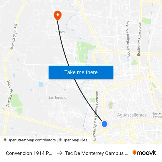 Convencion 1914 Poniente, 219 to Tec De Monterrey Campus Aguascalientes map