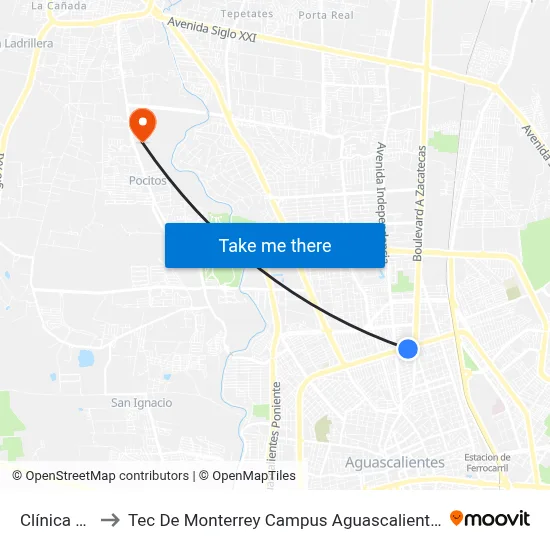 Clínica 10 to Tec De Monterrey Campus Aguascalientes map