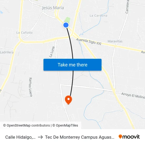 Calle Hidalgo, 416 to Tec De Monterrey Campus Aguascalientes map