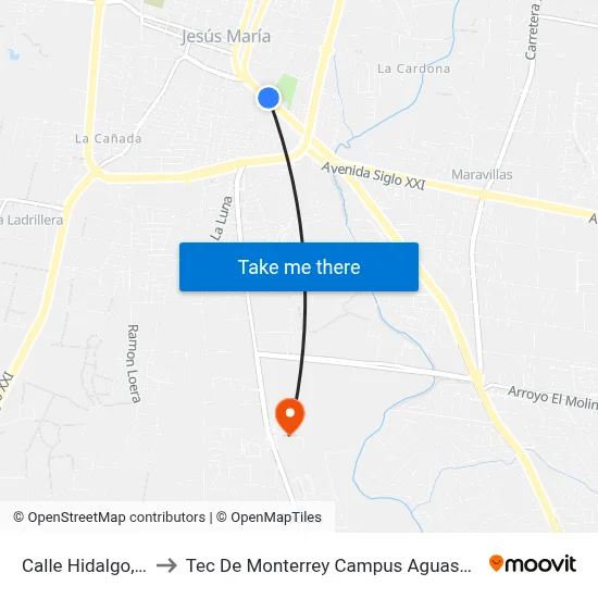 Calle Hidalgo, 406 to Tec De Monterrey Campus Aguascalientes map