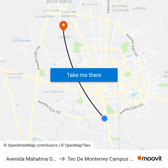 Avenida Mahatma Gandhi, 511a to Tec De Monterrey Campus Aguascalientes map