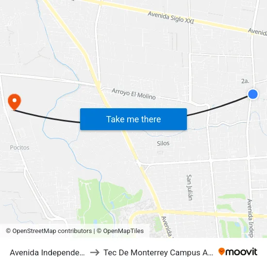 Avenida Independencia, 2316 to Tec De Monterrey Campus Aguascalientes map