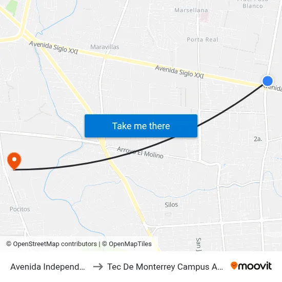 Avenida Independencia, 300 to Tec De Monterrey Campus Aguascalientes map