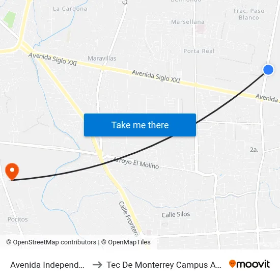 Avenida Independencia, 300 to Tec De Monterrey Campus Aguascalientes map