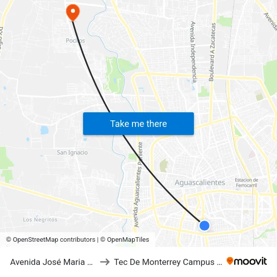 Avenida José Maria Chávez, 1014 to Tec De Monterrey Campus Aguascalientes map
