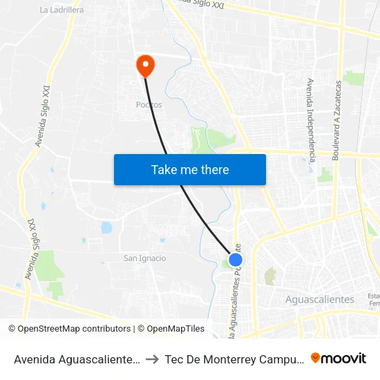 Avenida Aguascalientes Poniente, 333 to Tec De Monterrey Campus Aguascalientes map