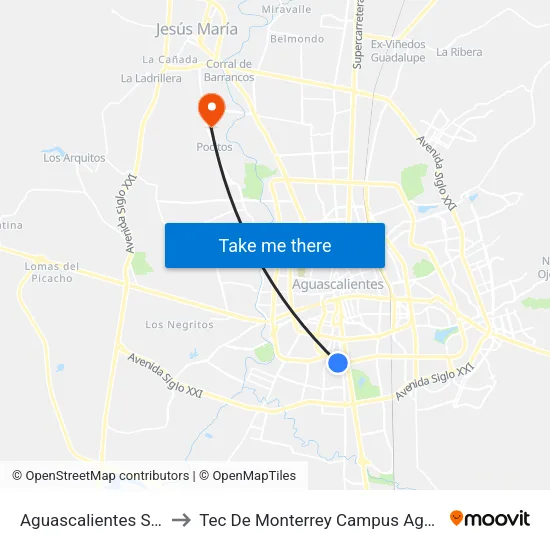 Aguascalientes Sur, 114a to Tec De Monterrey Campus Aguascalientes map