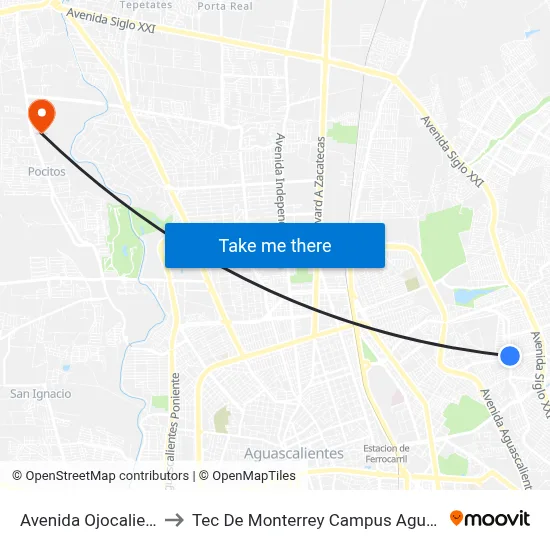 Avenida Ojocaliente, Lb to Tec De Monterrey Campus Aguascalientes map