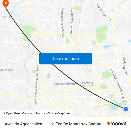 Avenida Aguascalientes Oriente, 500 to Tec De Monterrey Campus Aguascalientes map