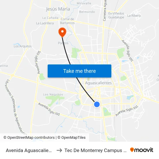 Avenida Aguascalientes Sur, 304 to Tec De Monterrey Campus Aguascalientes map