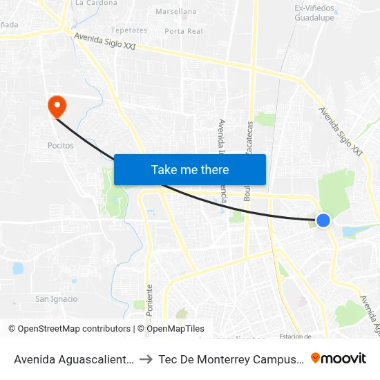 Avenida Aguascalientes Oriente Lb to Tec De Monterrey Campus Aguascalientes map