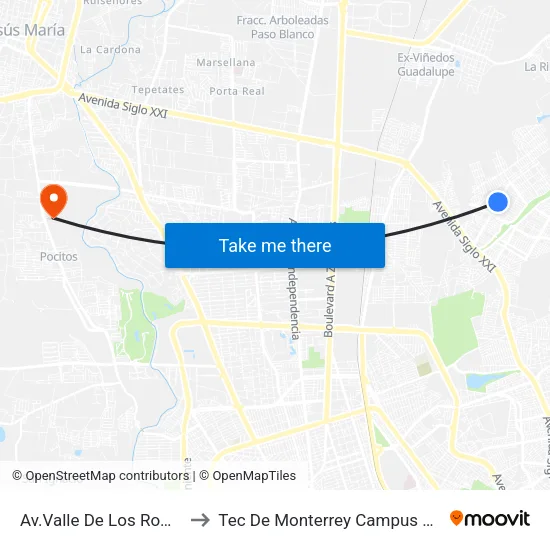 Av.Valle De Los Romeros, 1128 to Tec De Monterrey Campus Aguascalientes map