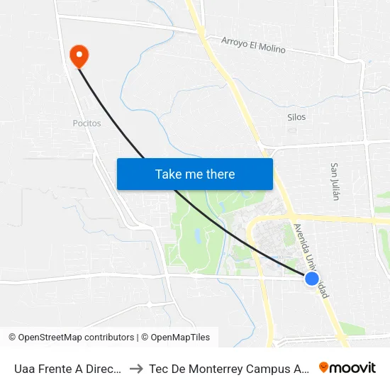 Uaa Frente A Dirección Mpal to Tec De Monterrey Campus Aguascalientes map