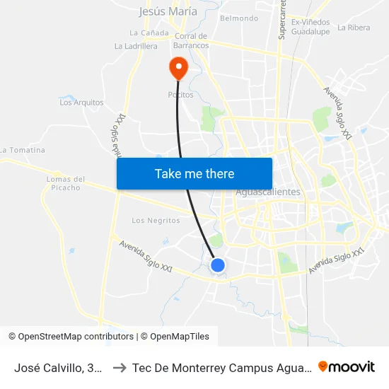José Calvillo, 305-307 to Tec De Monterrey Campus Aguascalientes map