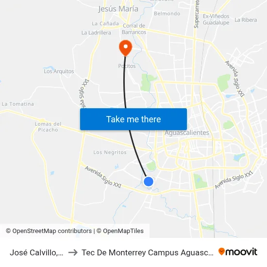 José Calvillo, 905 to Tec De Monterrey Campus Aguascalientes map
