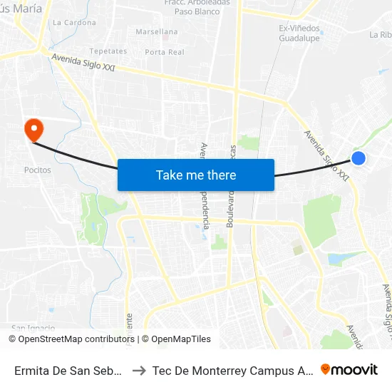 Ermita De San Sebastián, 505 to Tec De Monterrey Campus Aguascalientes map