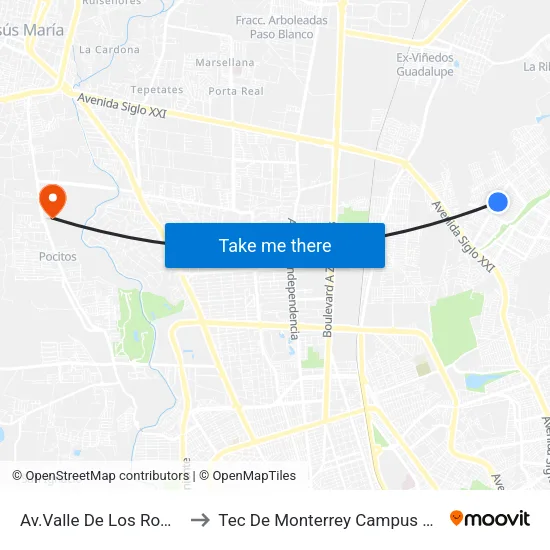 Av.Valle De Los Romeros, 1126 to Tec De Monterrey Campus Aguascalientes map