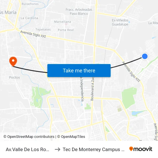 Av.Valle De Los Romeros, 1703 to Tec De Monterrey Campus Aguascalientes map