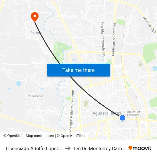 Licenciado Adolfo López Mateos Oriente, 610 to Tec De Monterrey Campus Aguascalientes map