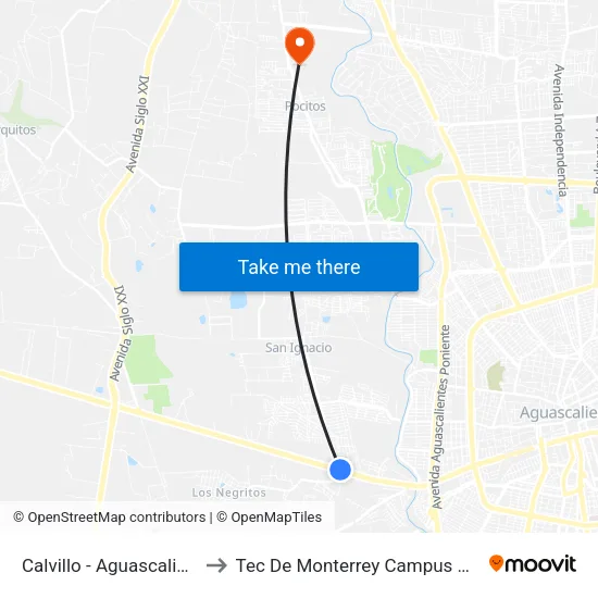 Calvillo - Aguascalientes, 112a to Tec De Monterrey Campus Aguascalientes map